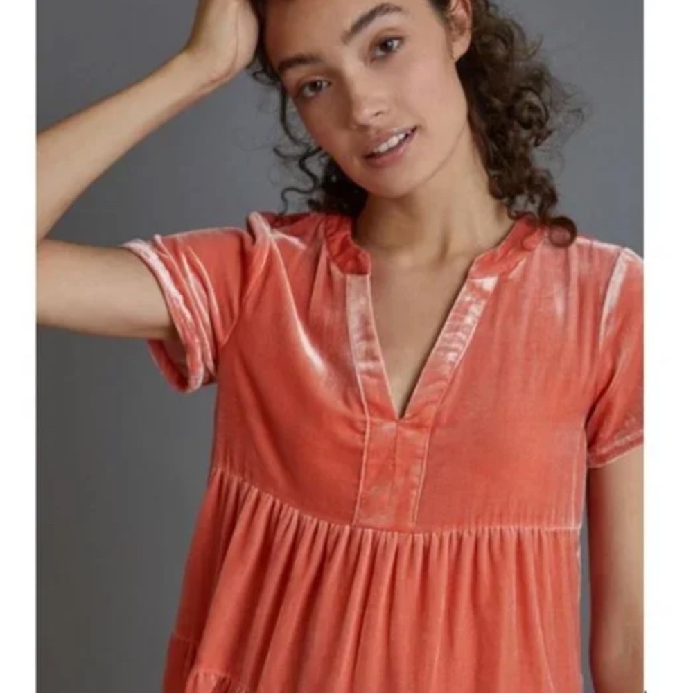 Maeve by Anthropologie Harper Velvet Mini Tunic Dress in Dried Coral Size M NWT - Picture 4 of 13